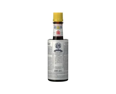 A 200ml bottle of Angostura Aromatic Bitters with yellow cap and signature oversized label – ideal for cocktails and culinary use.