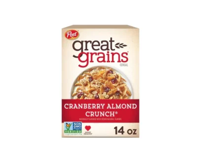 Post Great Grains Cranberry Almond Crunch Cereal. With wholesome crunch of almonds, cranberries' sweetness, and whole-grain flakes crammed into every serving,