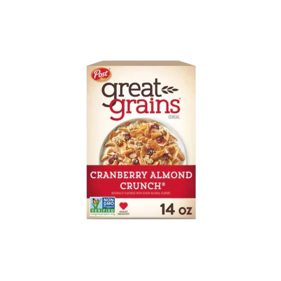 Post Great Grains Cranberry Almond Crunch Cereal. With wholesome crunch of almonds, cranberries' sweetness, and whole-grain flakes crammed into every serving,